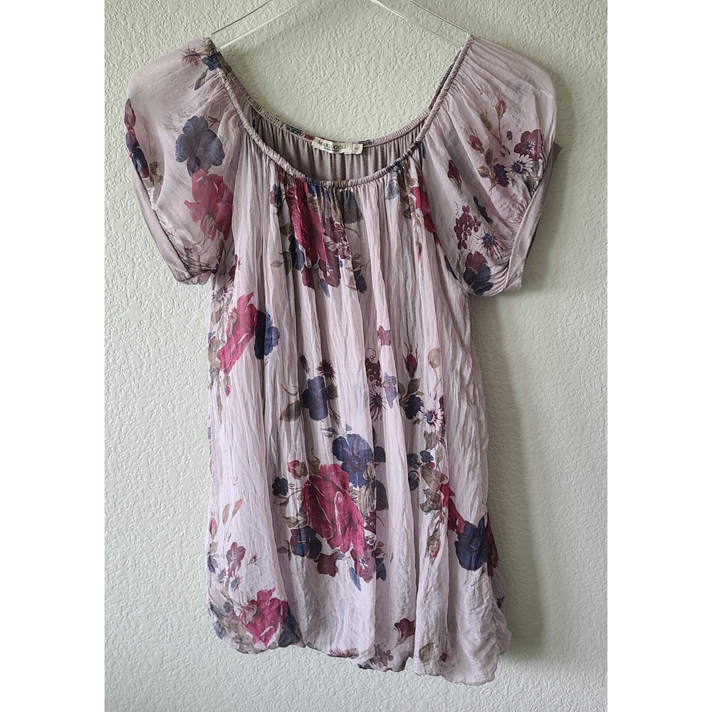 Marina Gigli Blouse Women SZ‎ Small 100% Silk Floral Crinkle Cottagecore Peasant